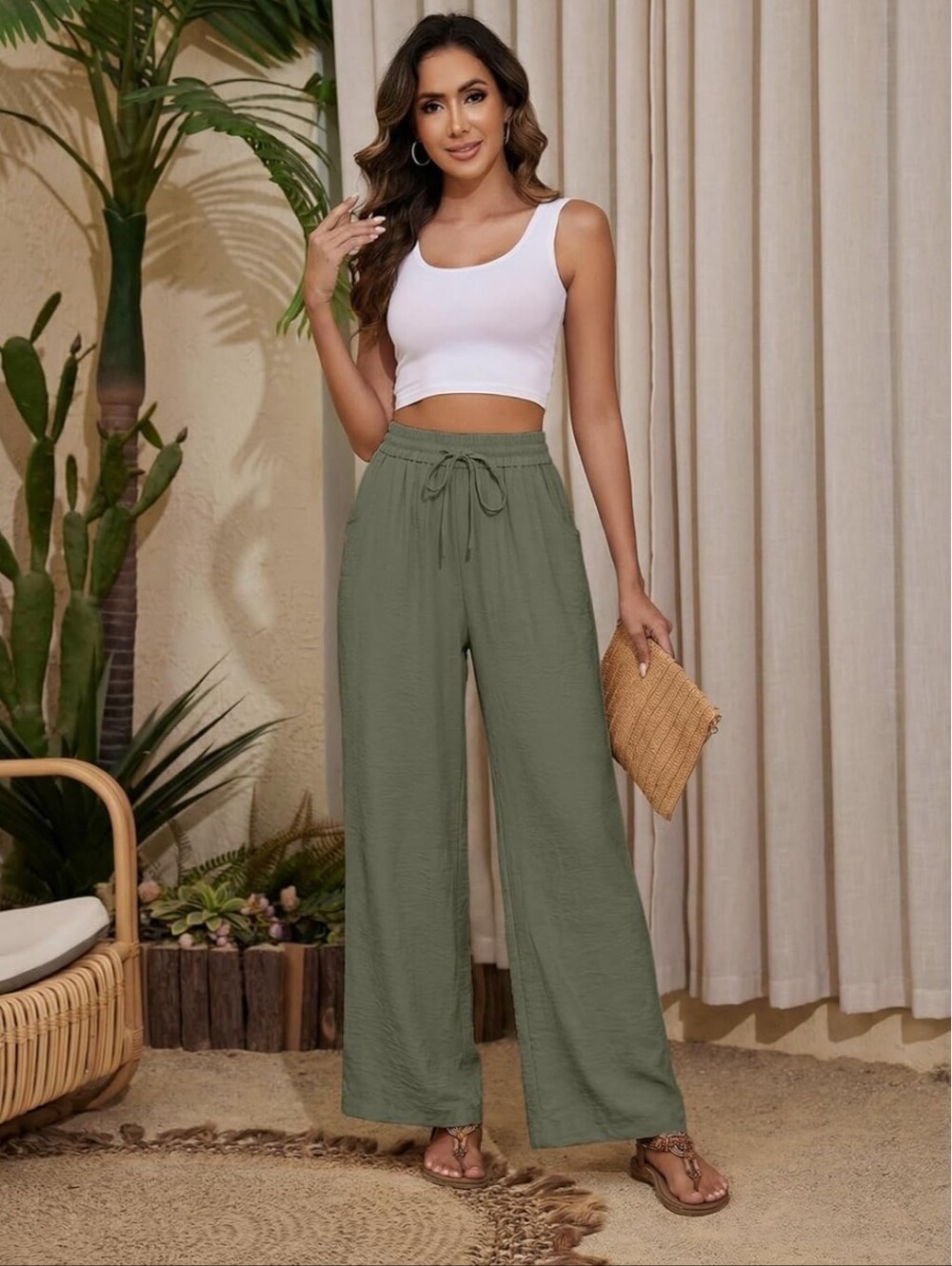NWOT High-Waist Wide Leg Drawstring Pants in Olive